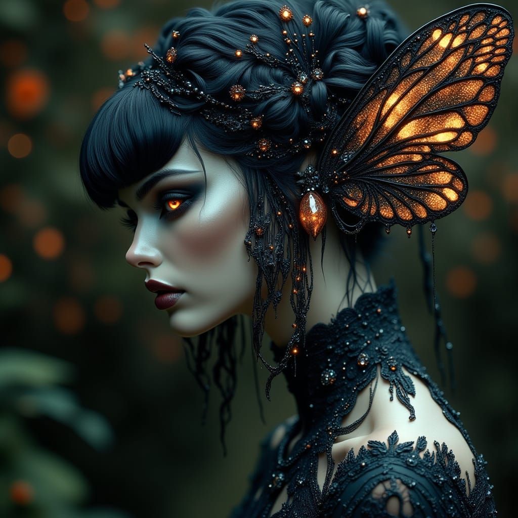Dark Fairy Portrait with Delicate Wings in Realism Style