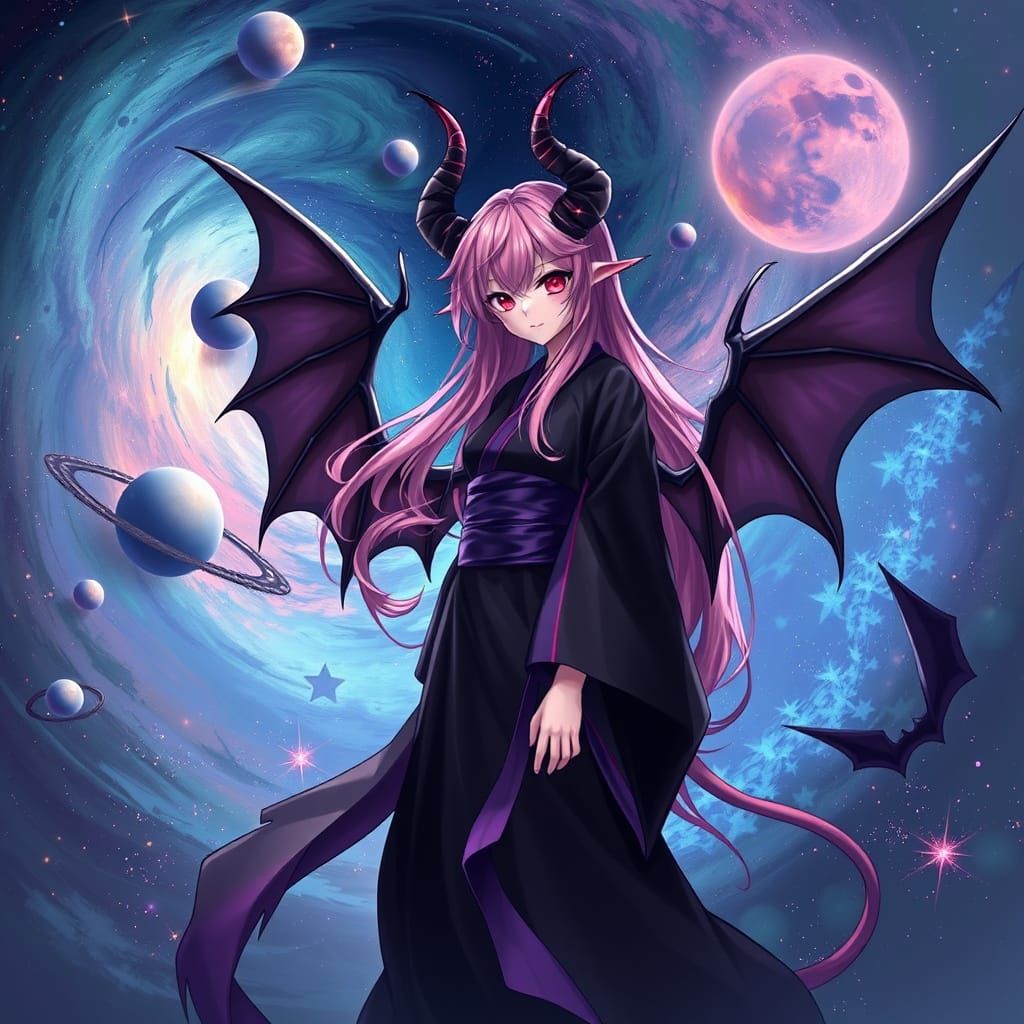 Anime Demon Girl in Galaxy, Digital Painting