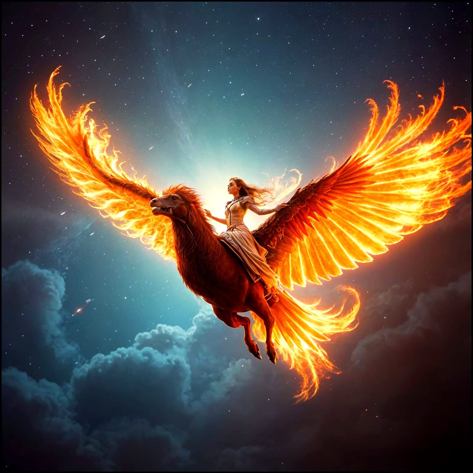 Ethereal Goddess on a Blazing Phoenix Soars into Cosmic Vist...