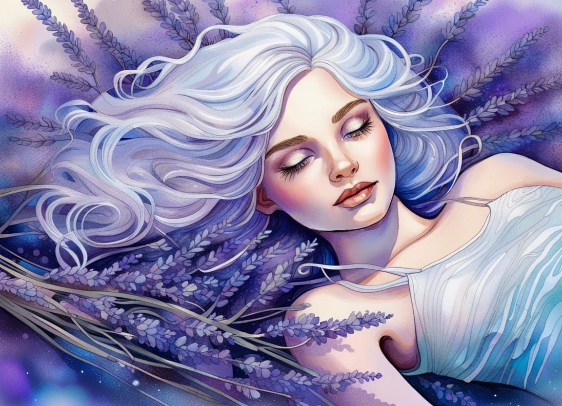 Dreamy Girl with Silver Hair in Lavender Field
