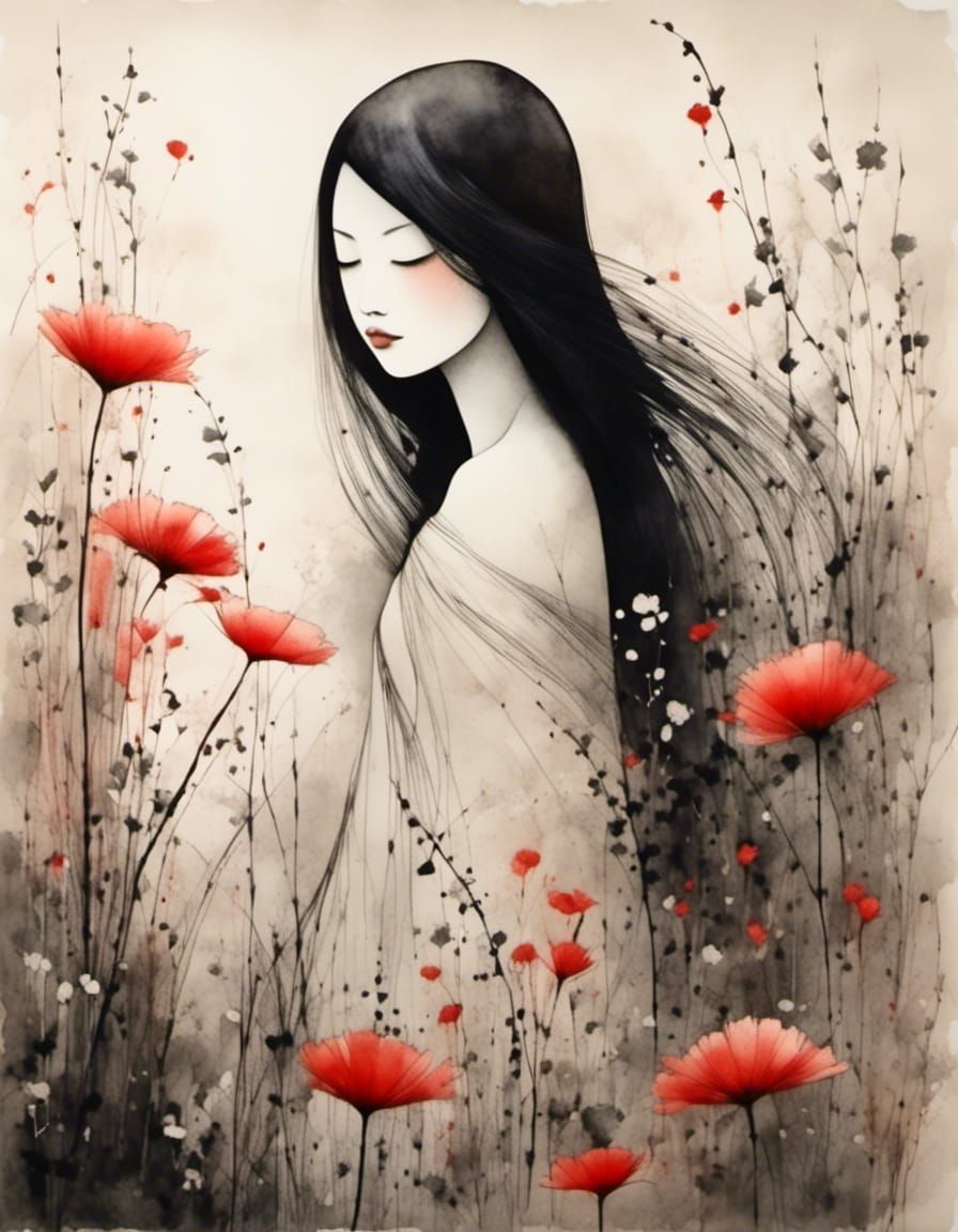Woman in Wild Garden: Wet Watercolor Japan Painting