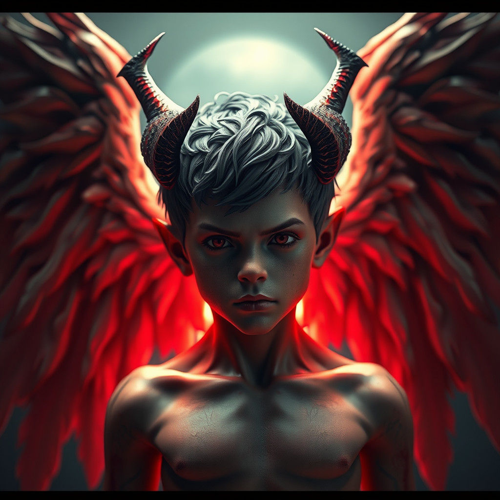 - 3 d render character concept art, evil boy with angel wings, octane render, trending on artstation, greg rutkowski ver...