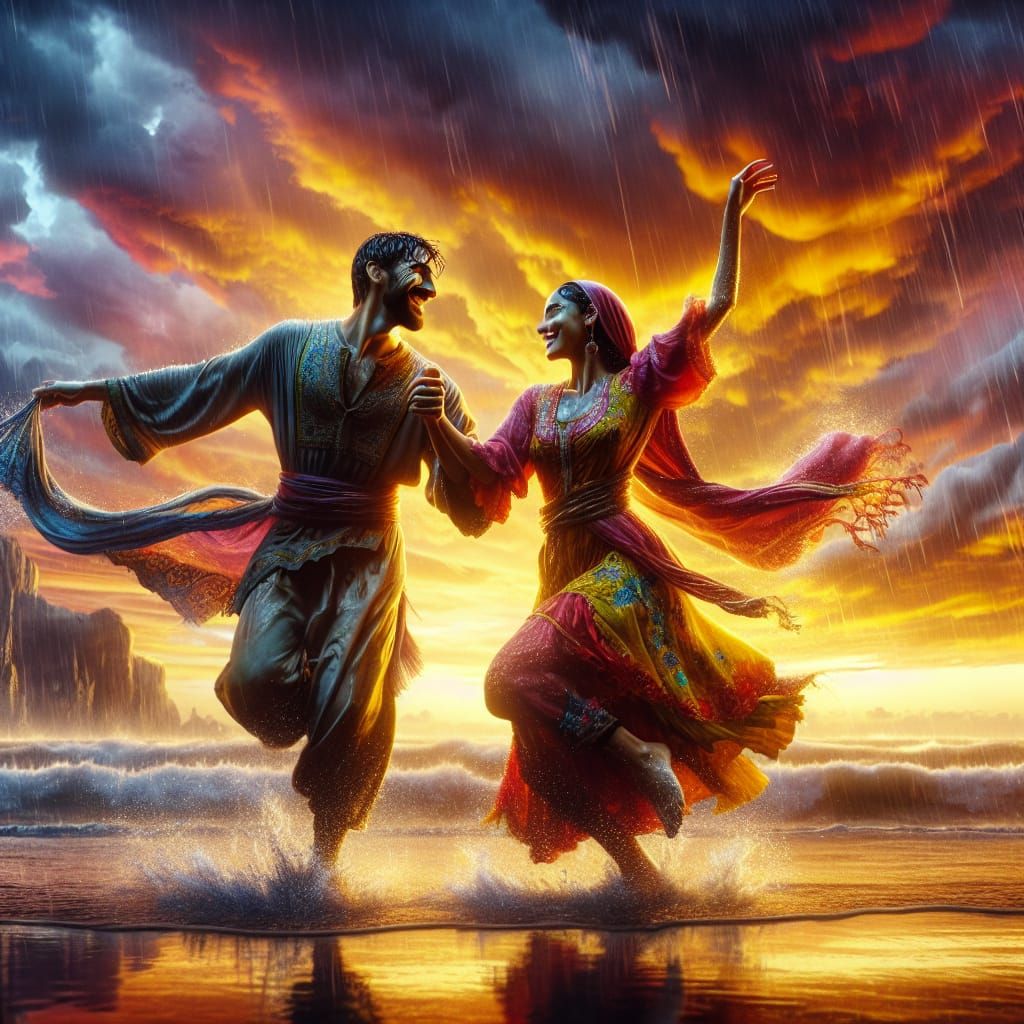 Couple Dancing in Sunset Rain, Fantasy Matte Painting