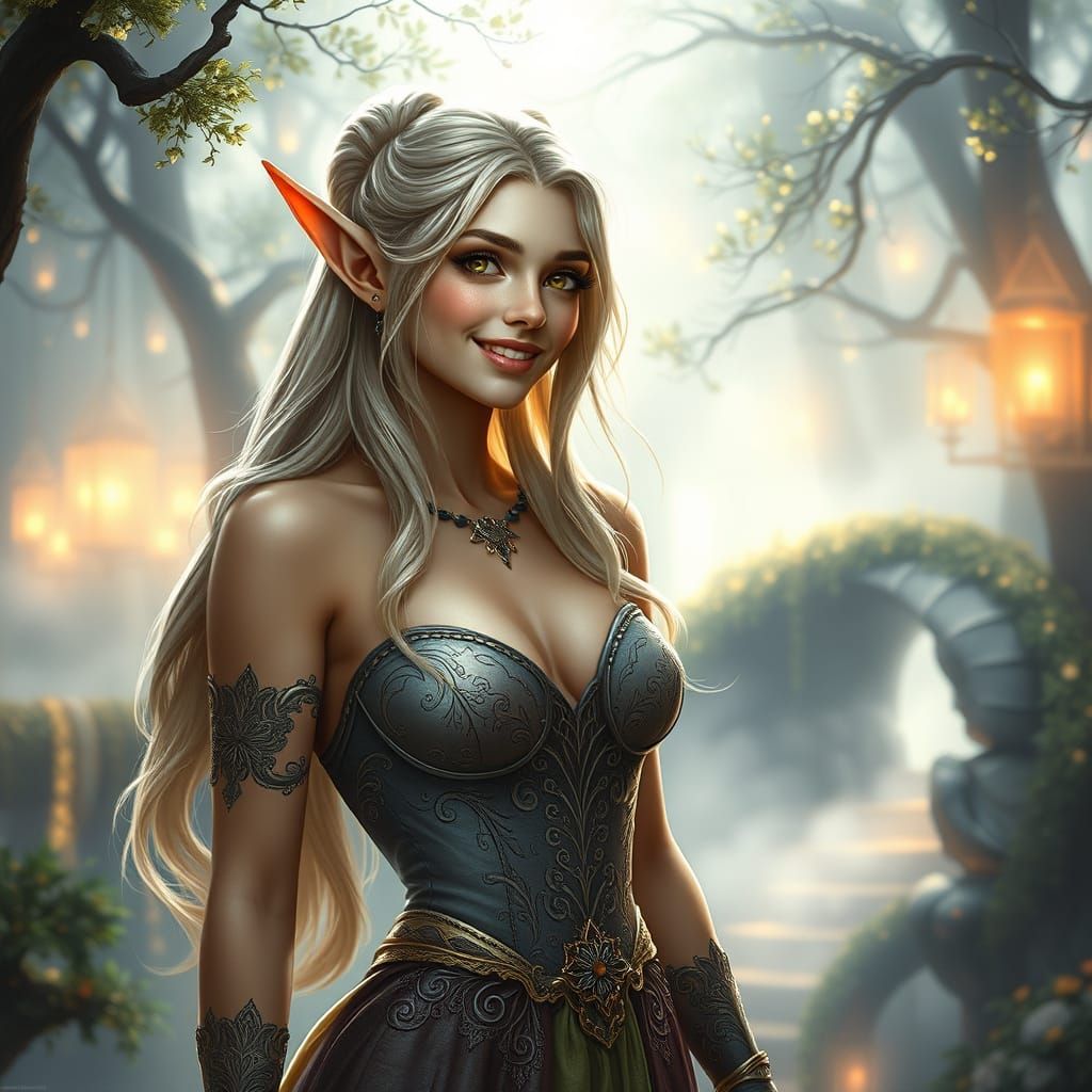 Smiling Elven Woman in Luminescent Fantasy World