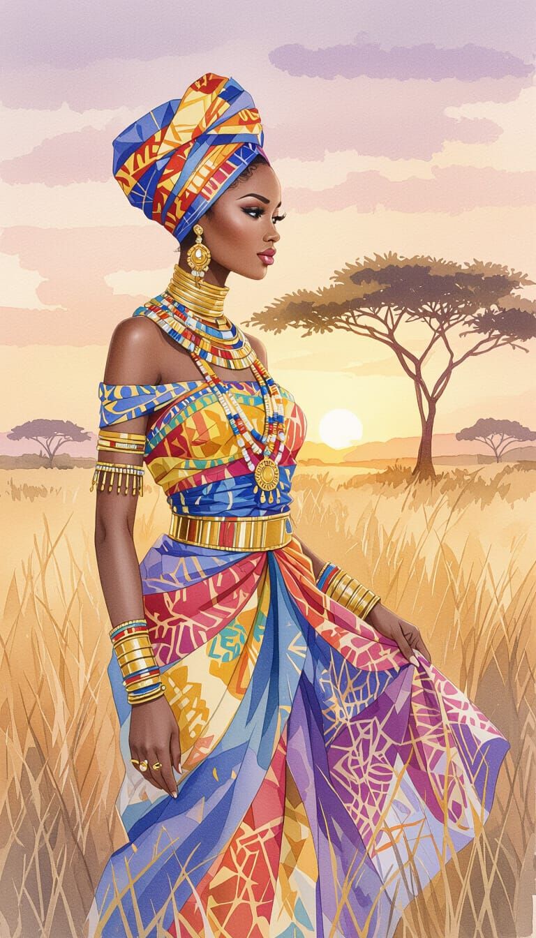 African Woman in Savanna: Dreamy Watercolor Painting