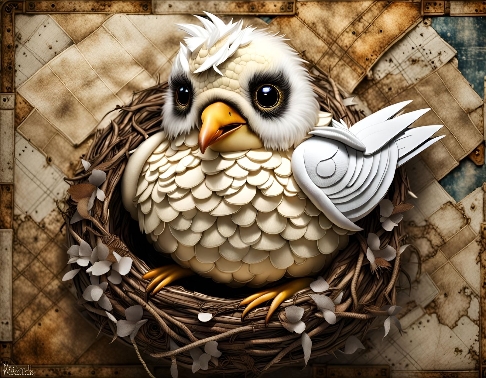 Grumpy Bird Nesting in Patchwork Nest