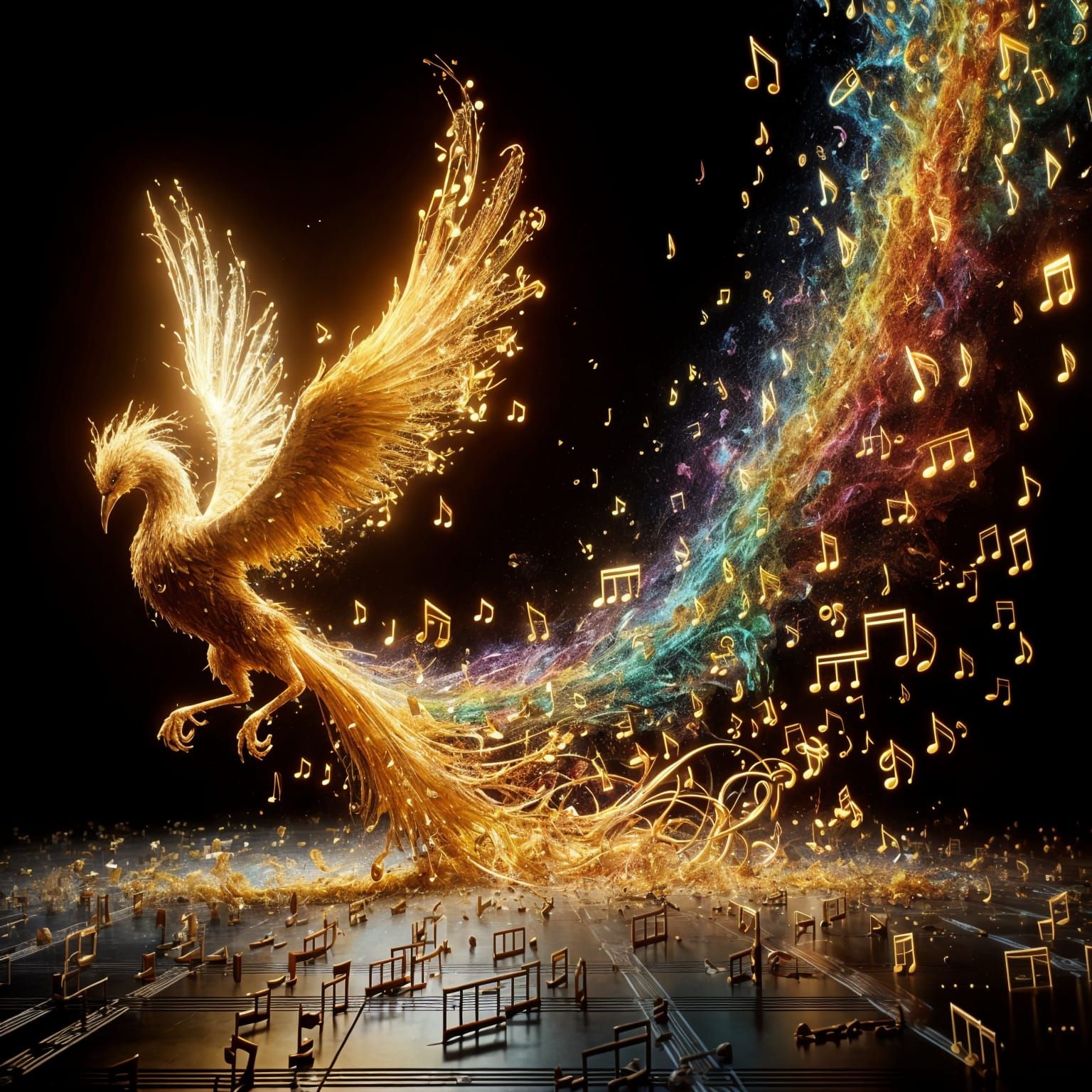 Golden Phoenix Made of Music, in Honeypunk Style