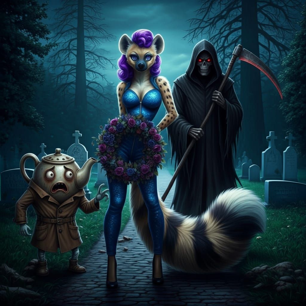 A terrified anthropomorphic teapot wearing a trench coat in ...