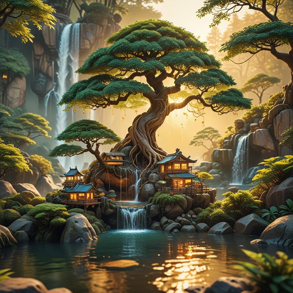 Fantasy Bonsai Tree with Miniature Homes