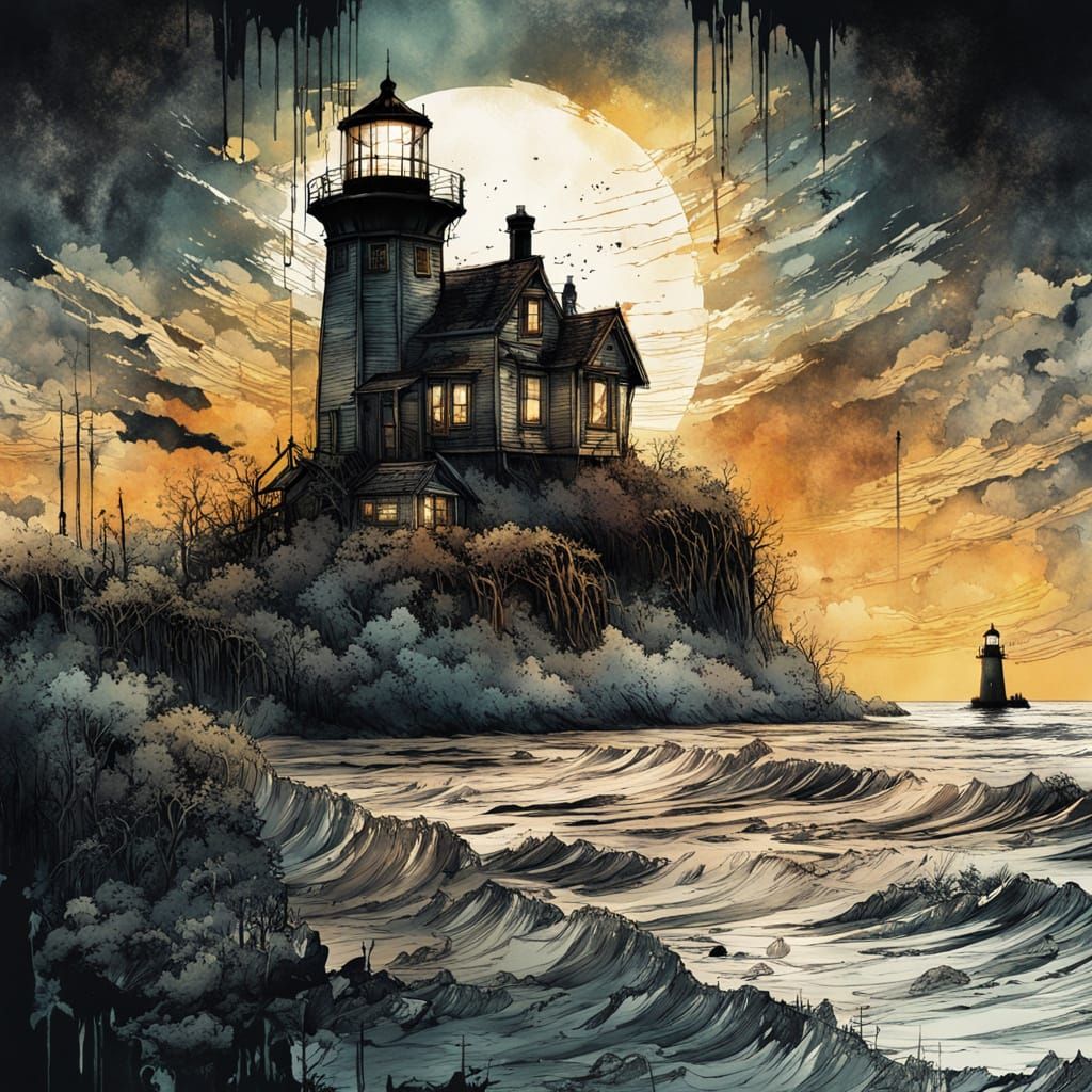 Neo-Victorian Lighthouse in Surreal Watercolor Collage