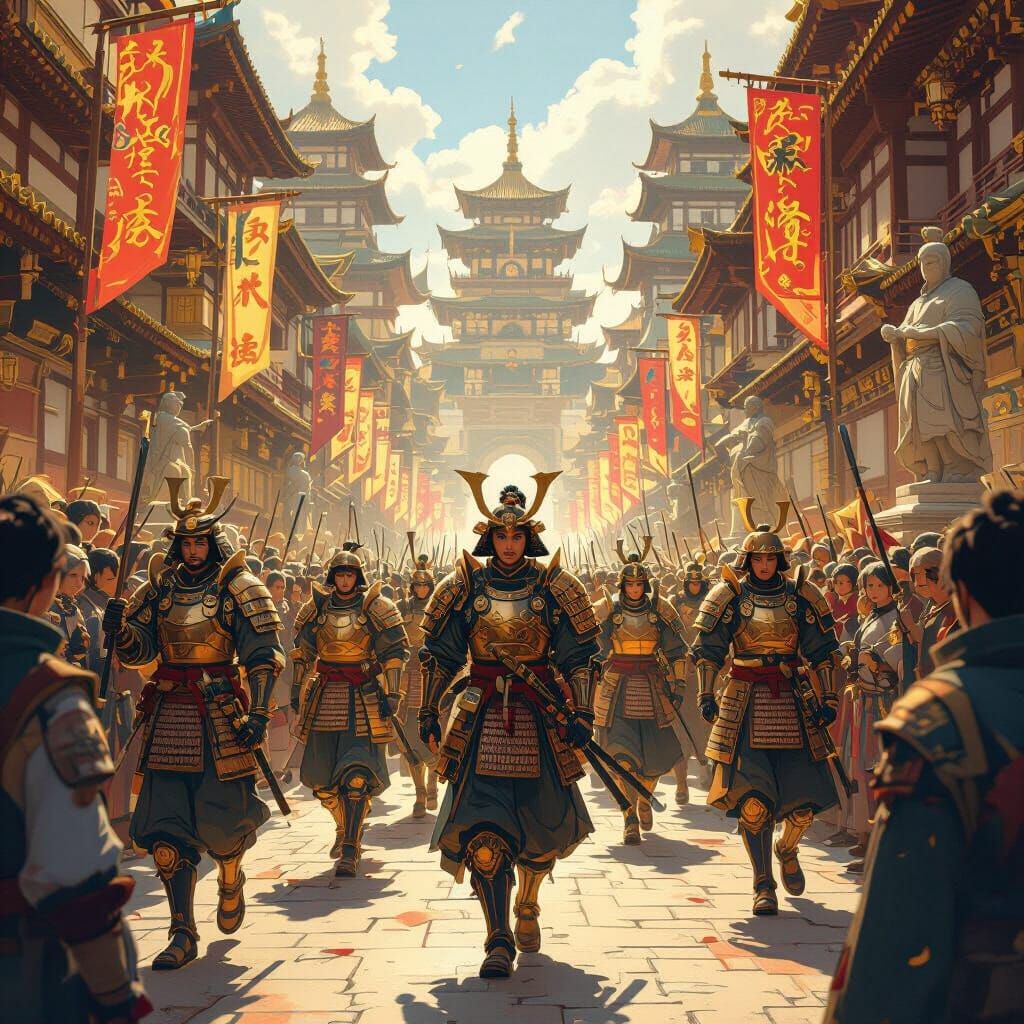 Samurai Parade Through Golden City in Anime Style
