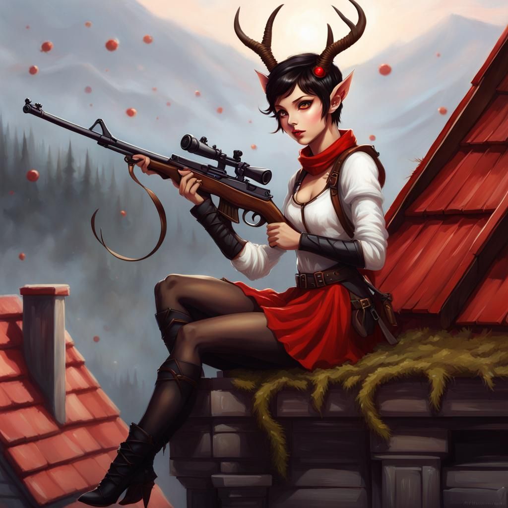 Fae Faun Woman with Rifle on Rooftop: Fantasy Art