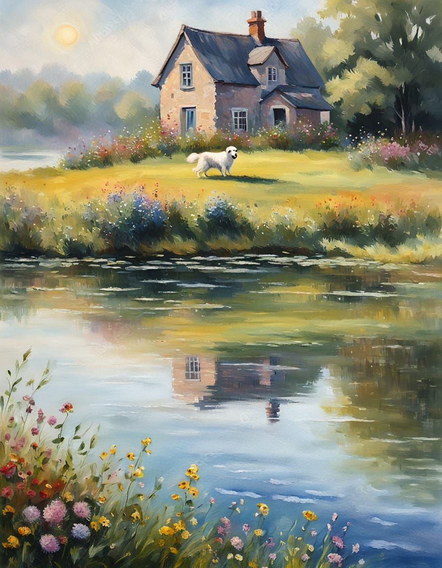 Impressionist Dog Flying Over Misty Lake