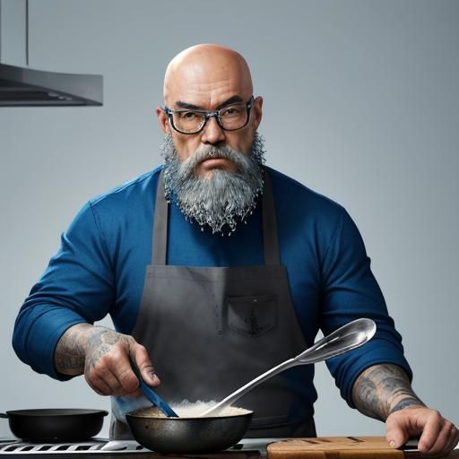 Hyperrealistic Cook Prepares Fish in Colorful Kitchen