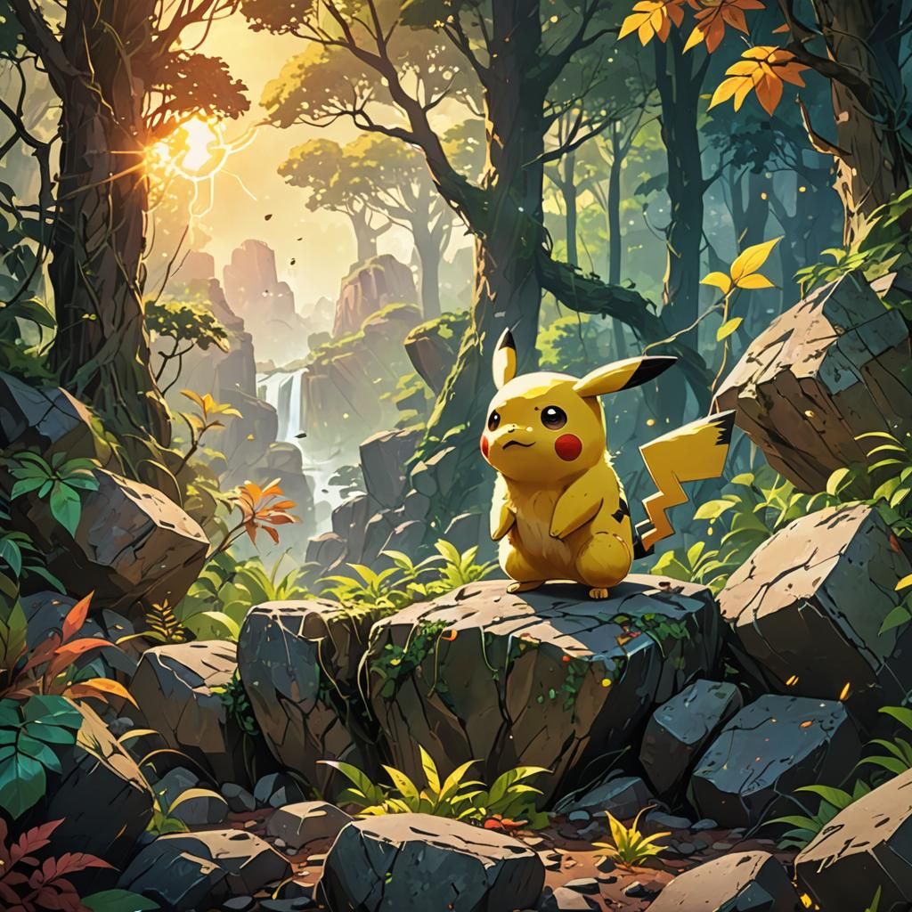 Pikachu in Forest: Vibrant Digital Concept Art