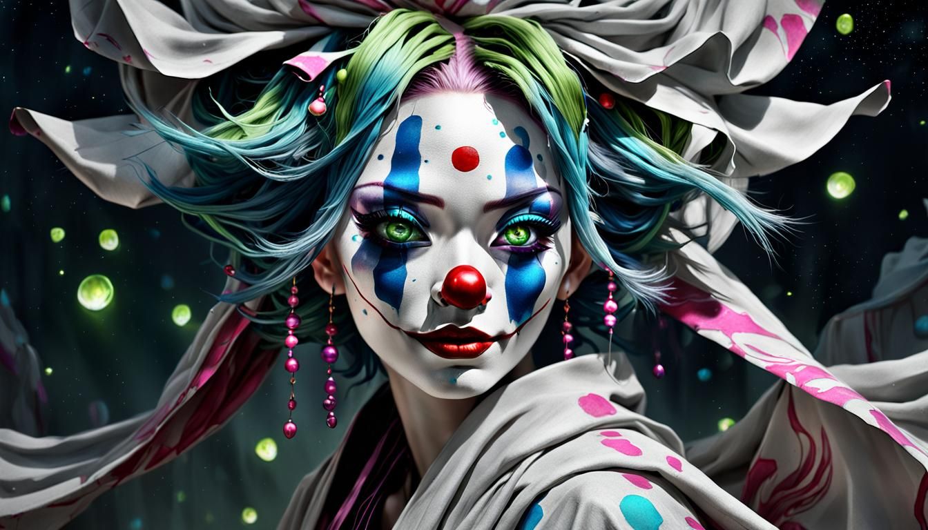 Surreal Kabuki Clown with Green Eyes in Digital Art
