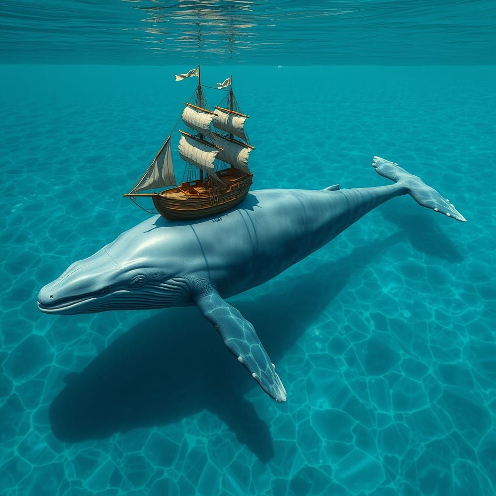 Surreal Oceanic Encounter: Whale Under Wooden Galleon