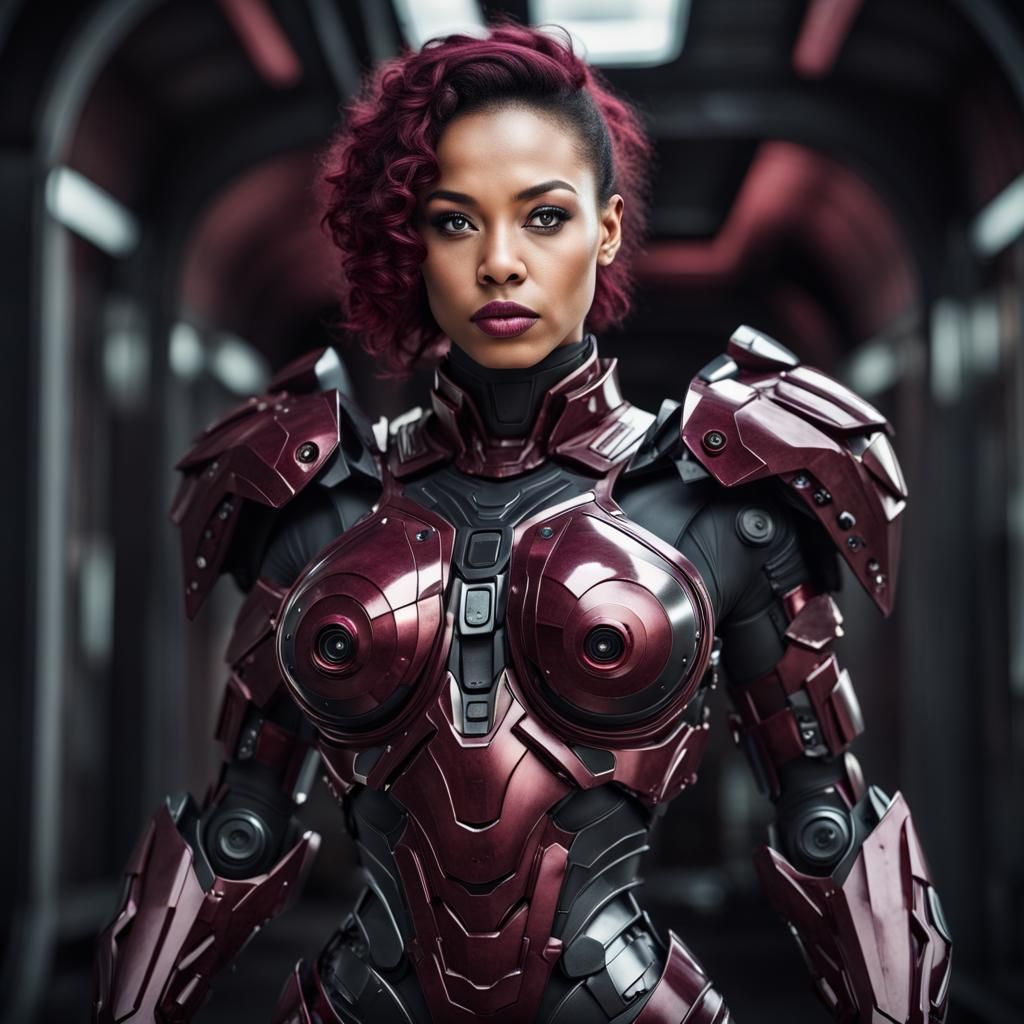 Curvy Woman in Black and Burgundy Sci-Fi Armor