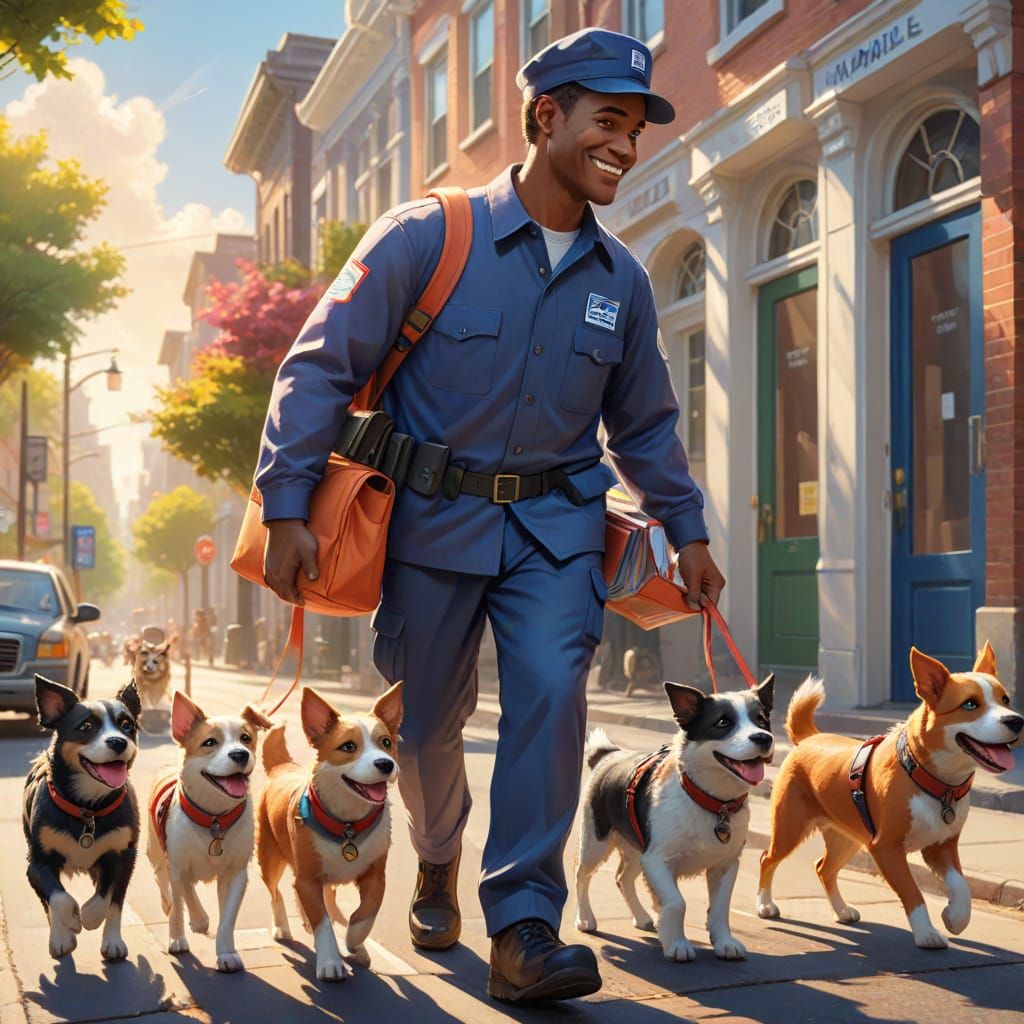 Cartoon Mailman's Joyful Dog Followers