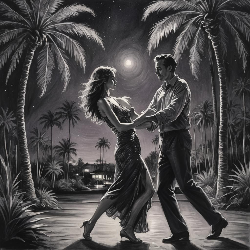 Film Noir Charcoal: Couple Dancing Under Stars