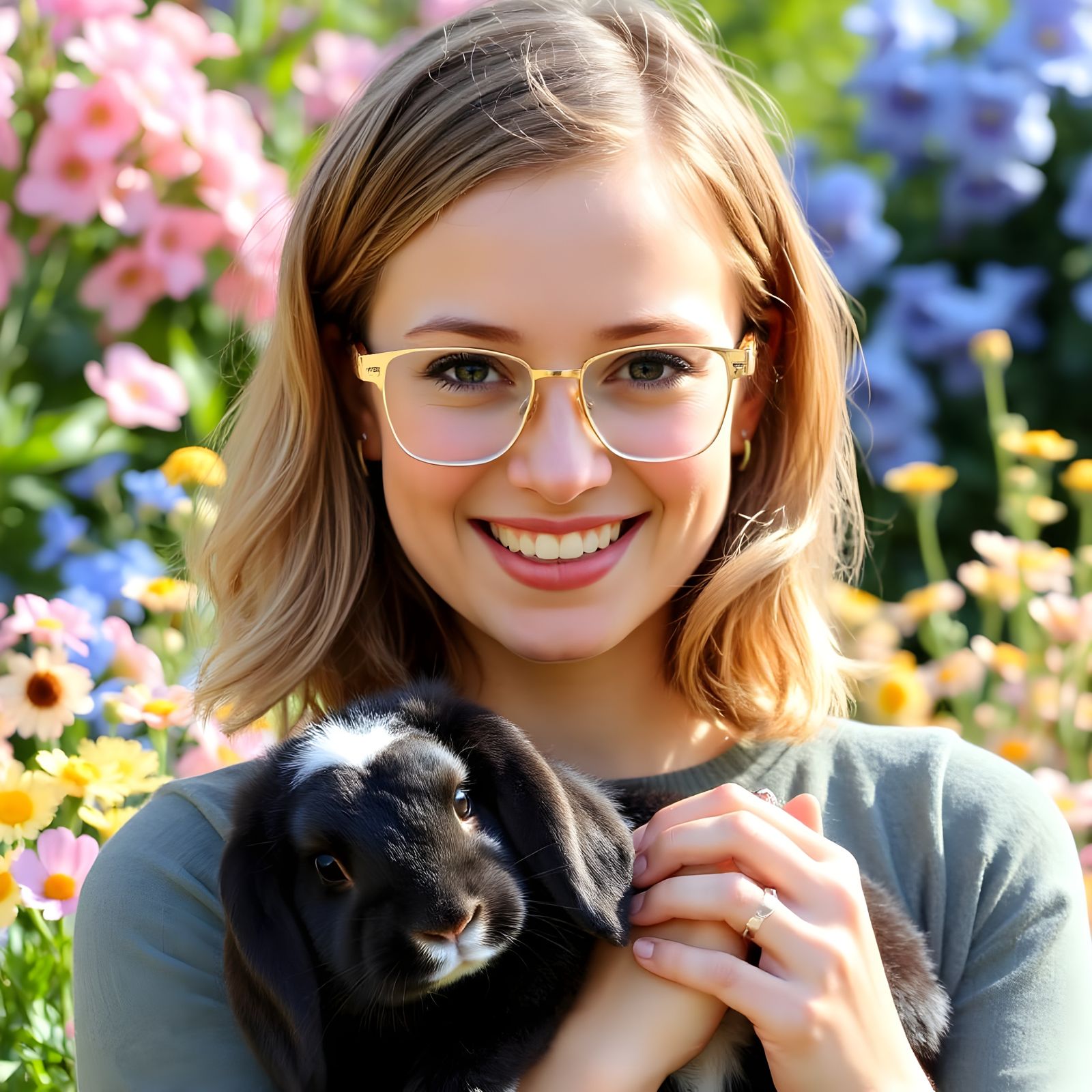 Warm Portrait of a Lovely Woman with a Rabbit in a Lush Gard...