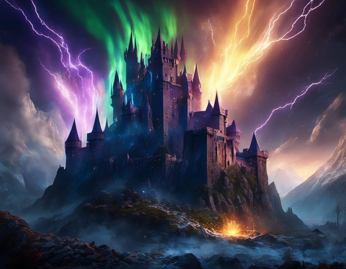 Fantastical Tartarian Castle Ablaze in Aurora Borealis