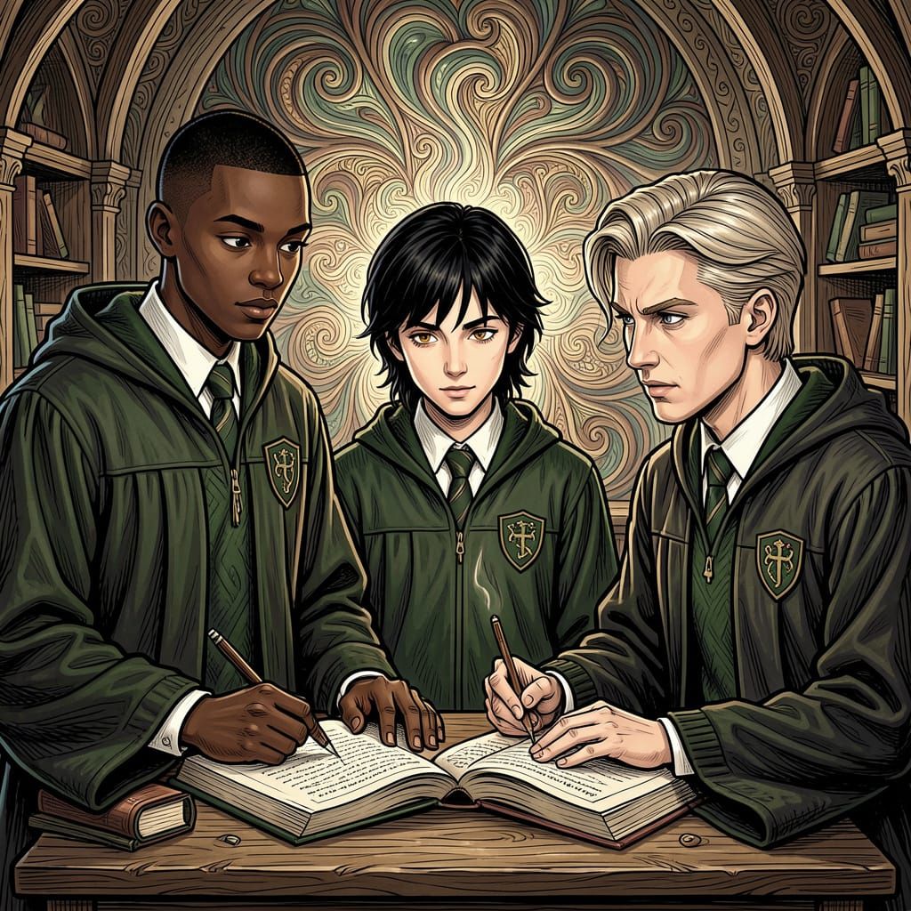 Slytherin Students Studying Together in Abstract Style
