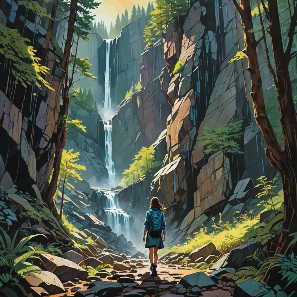 Mystical Forest Waterfall: Watercolor and Stained Glass