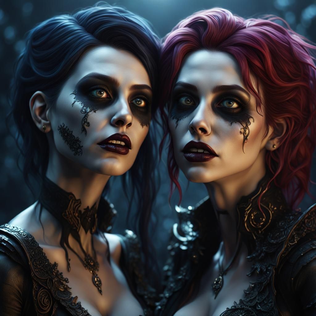 Gothic Zombie Women Kissing in Dark Fantasy Style
