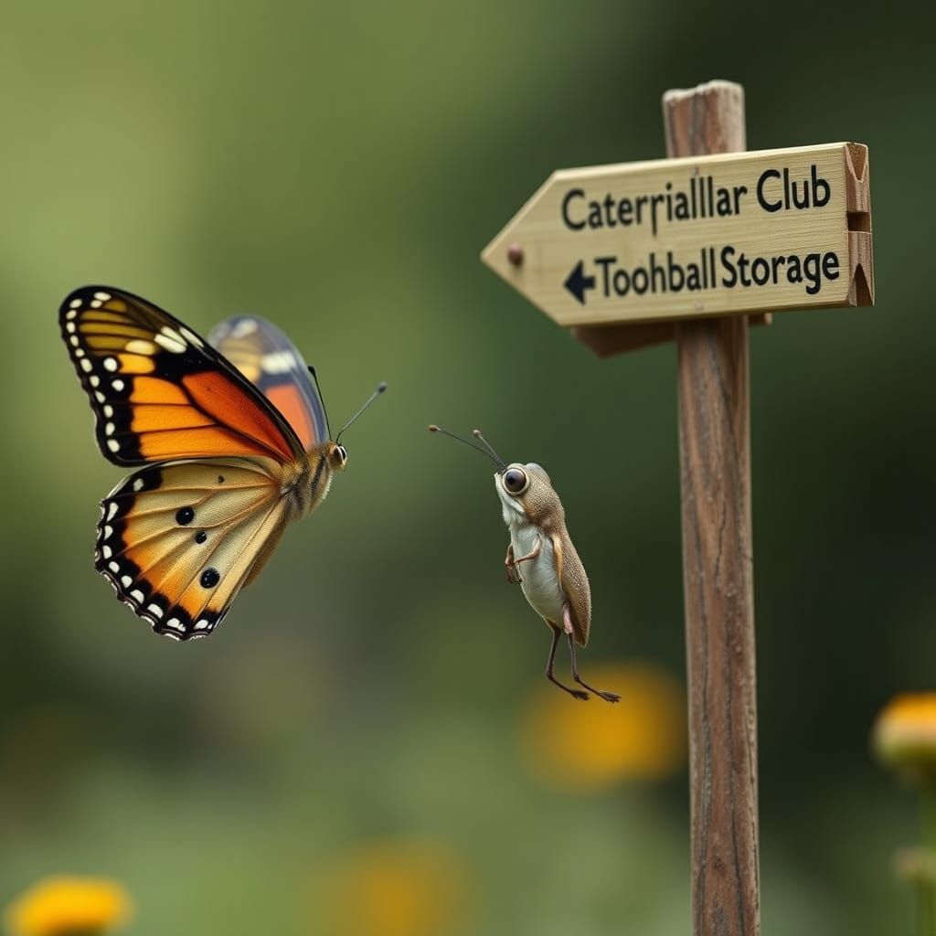 Butterfly at Whimsical Crossroads Signpost