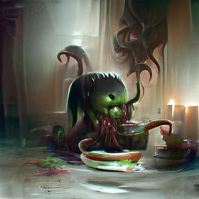 Sinister Cthulhu Devouring Soup, Greg Rutkowski Style