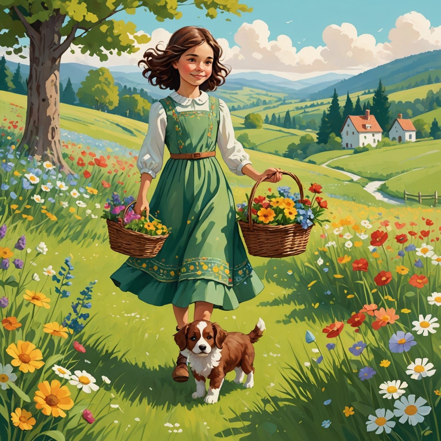 Charming Girl with Puppy in Meadow Illustration