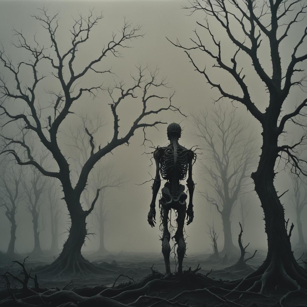 Dark, Cinematic Surrealist Landscape with a Mysterious Figur...