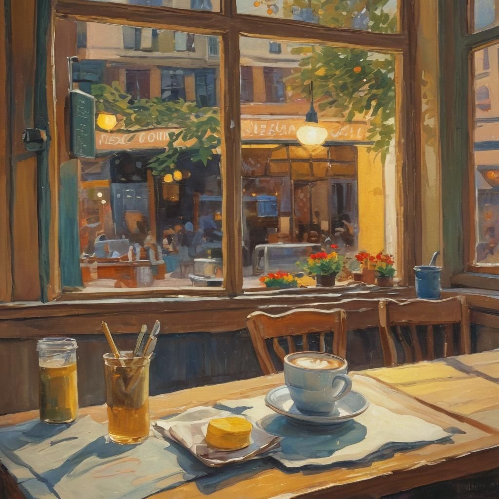 Impressionist Masterpiece of a Cozy Coffee Shop with Warm Li...
