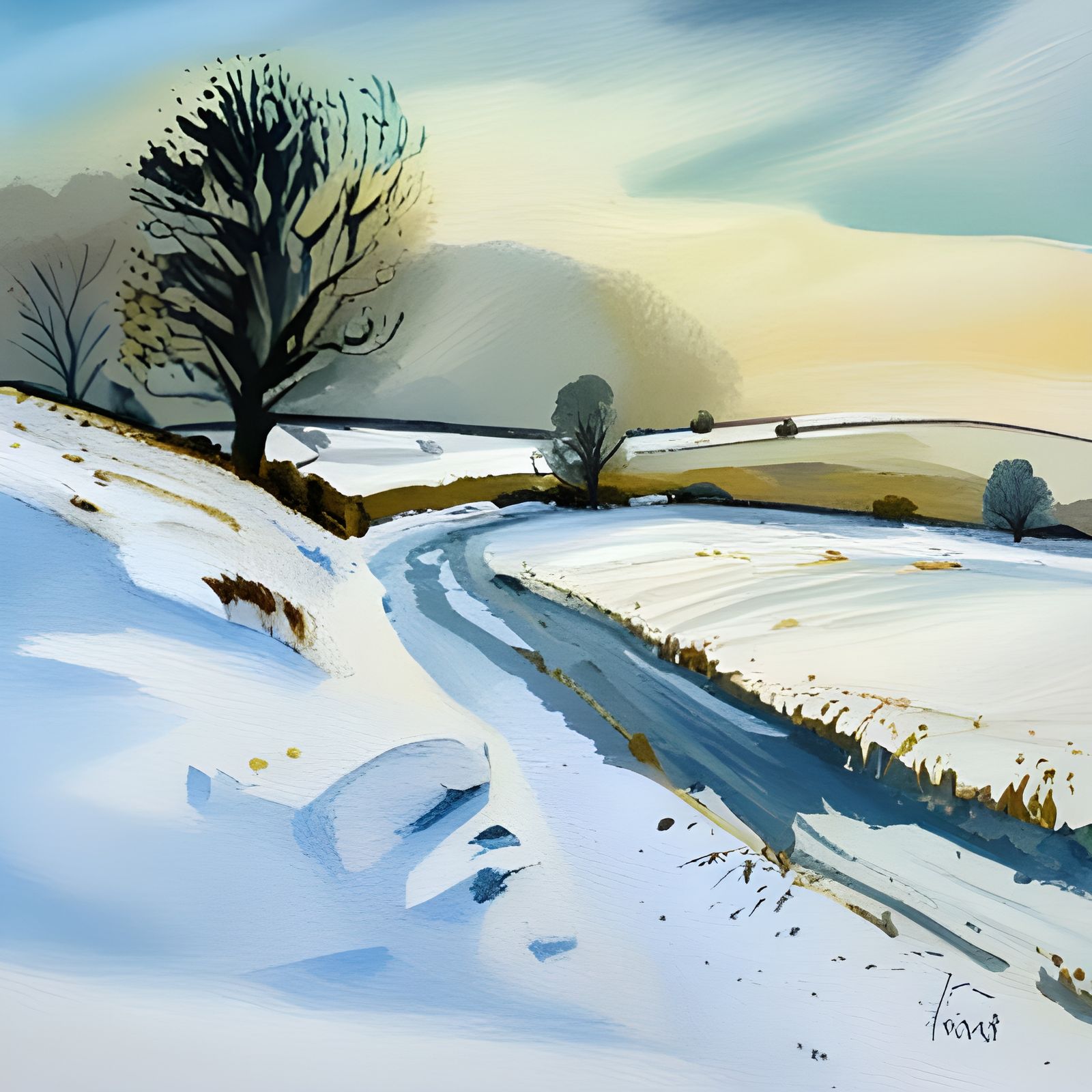 Yorkshire Dales Snowy Scene in Gouache Style
