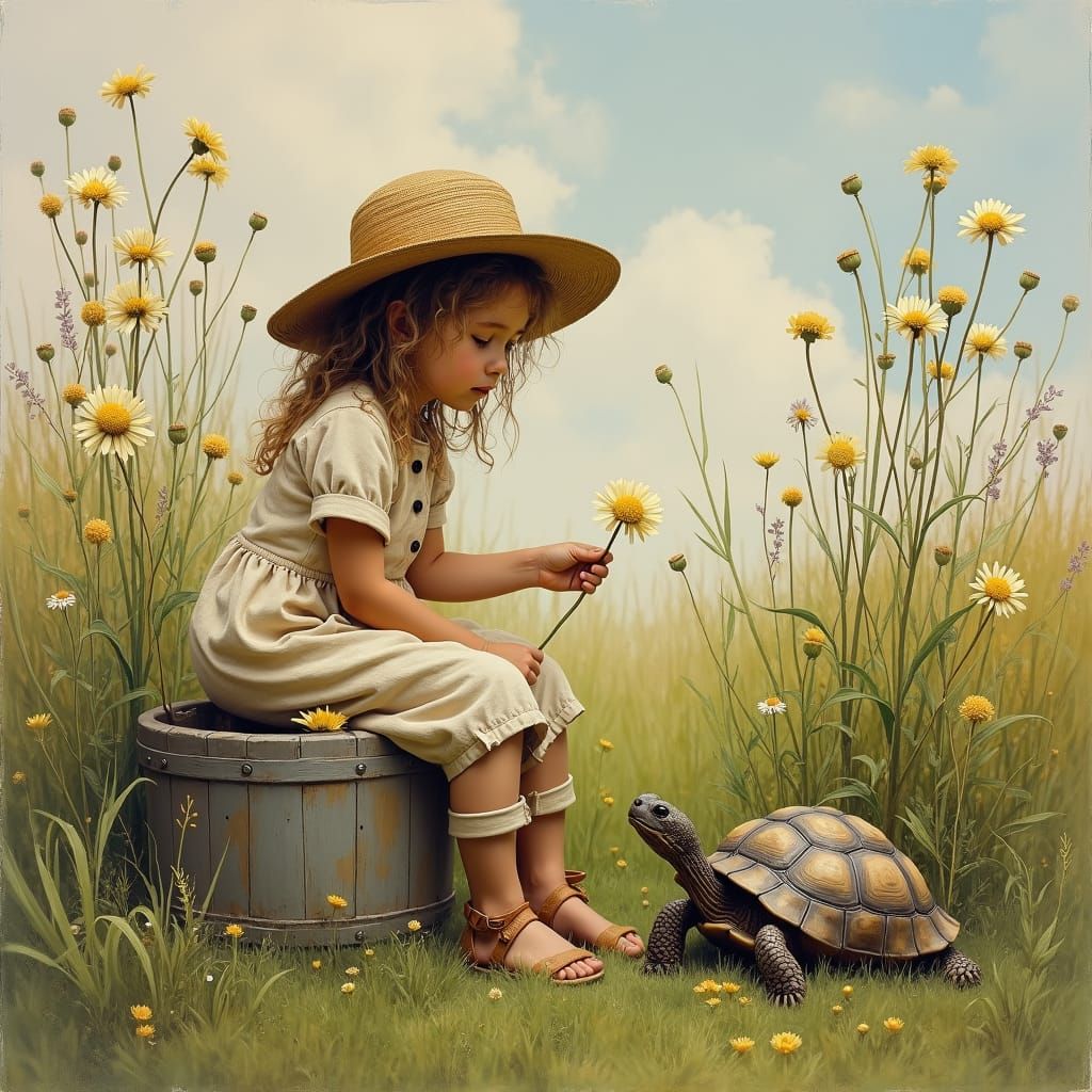 Enchanting Girl and Tortoise in Meadow Painting