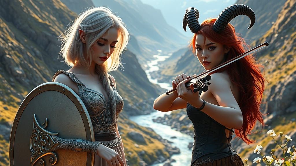 Celestial Warriors: Aasimar Paladin and Tiefling Bard Stand...