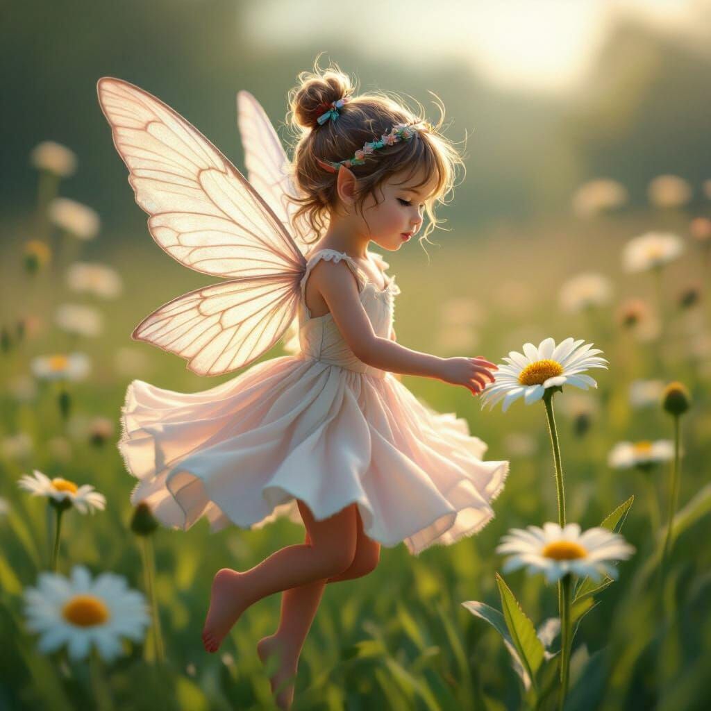 Gossamer-Winged Fairy Hovering Over Daisy, Hyperrealistic Im...