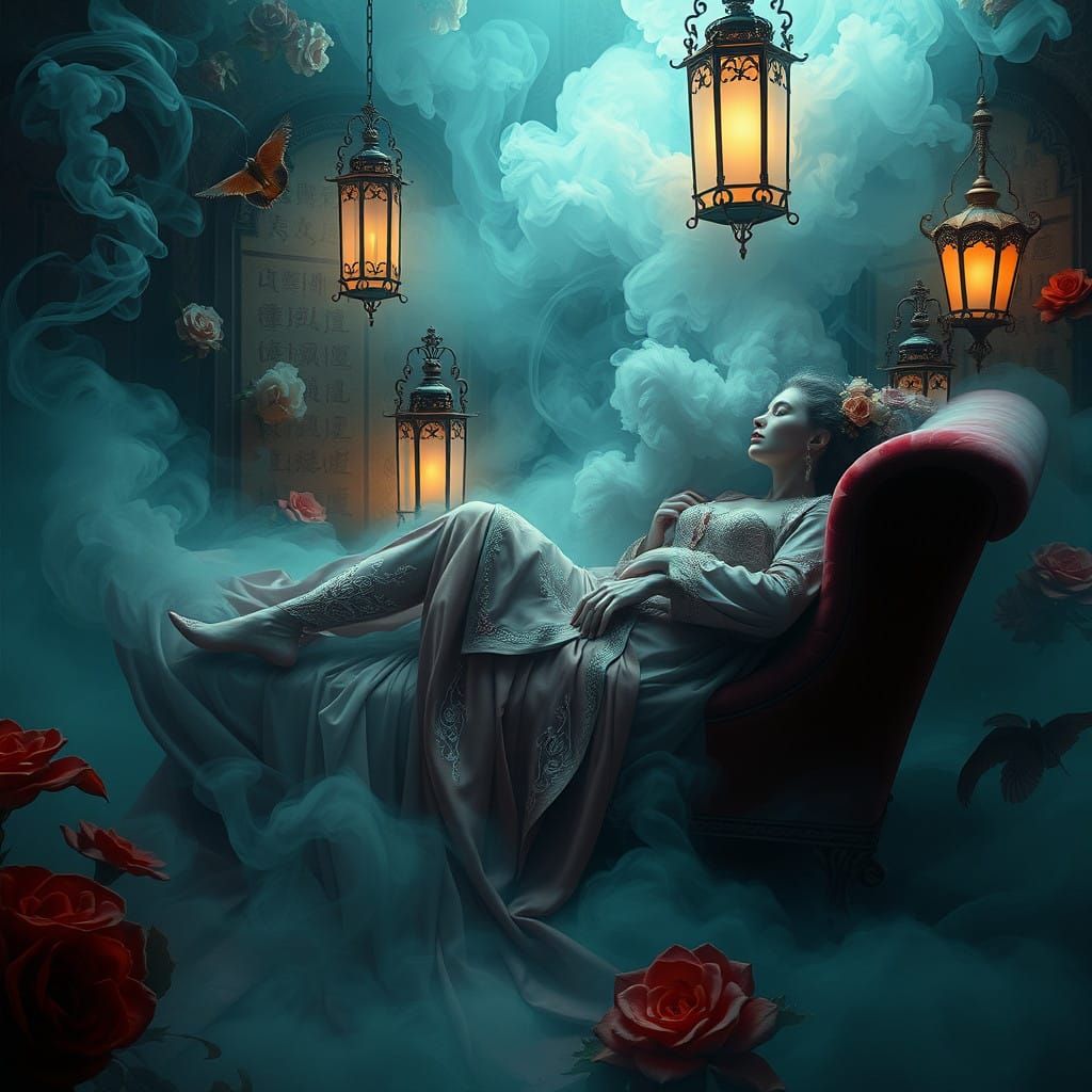 Regal Woman Lost in Opium Dreamscape