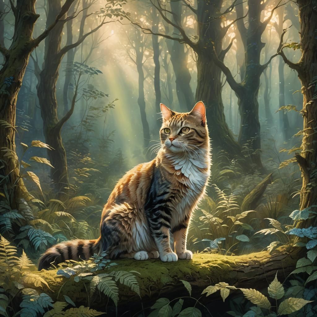 Cat in Ethereal Forest with Golden Light