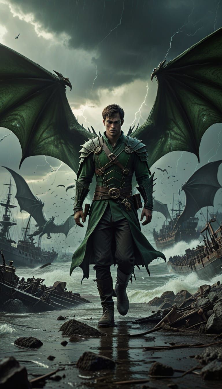 Majestic Dragon-Bat Warrior Descends Through Stormy Skies