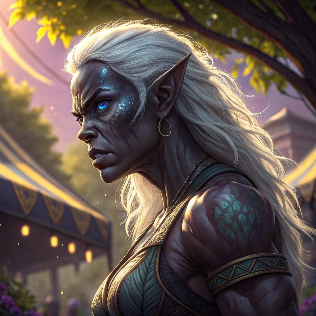 Muscle-Bound Female Elf with Blue Eyes Cinematic Film Still