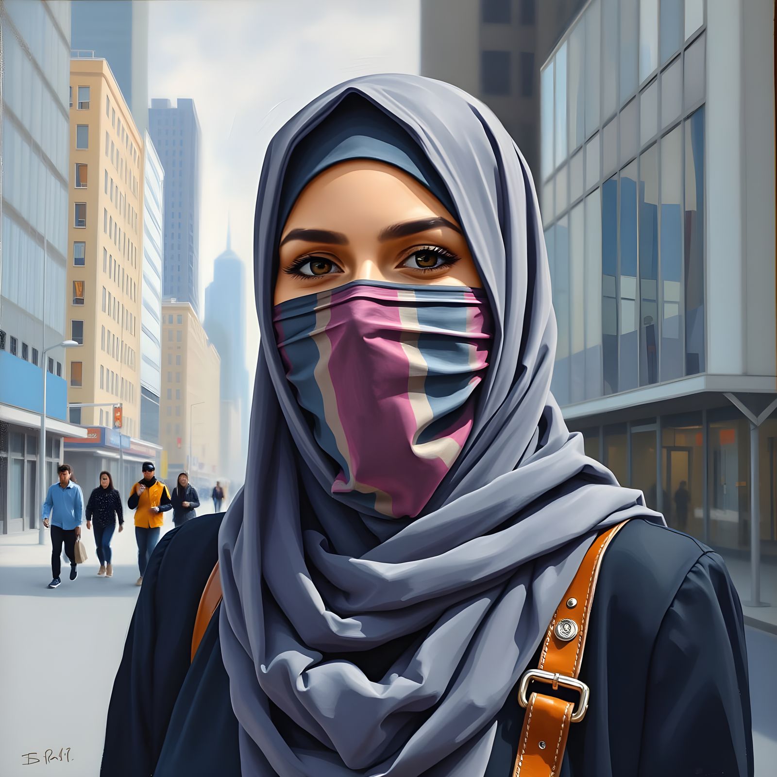 Modest Woman in Modern City Oil Painting