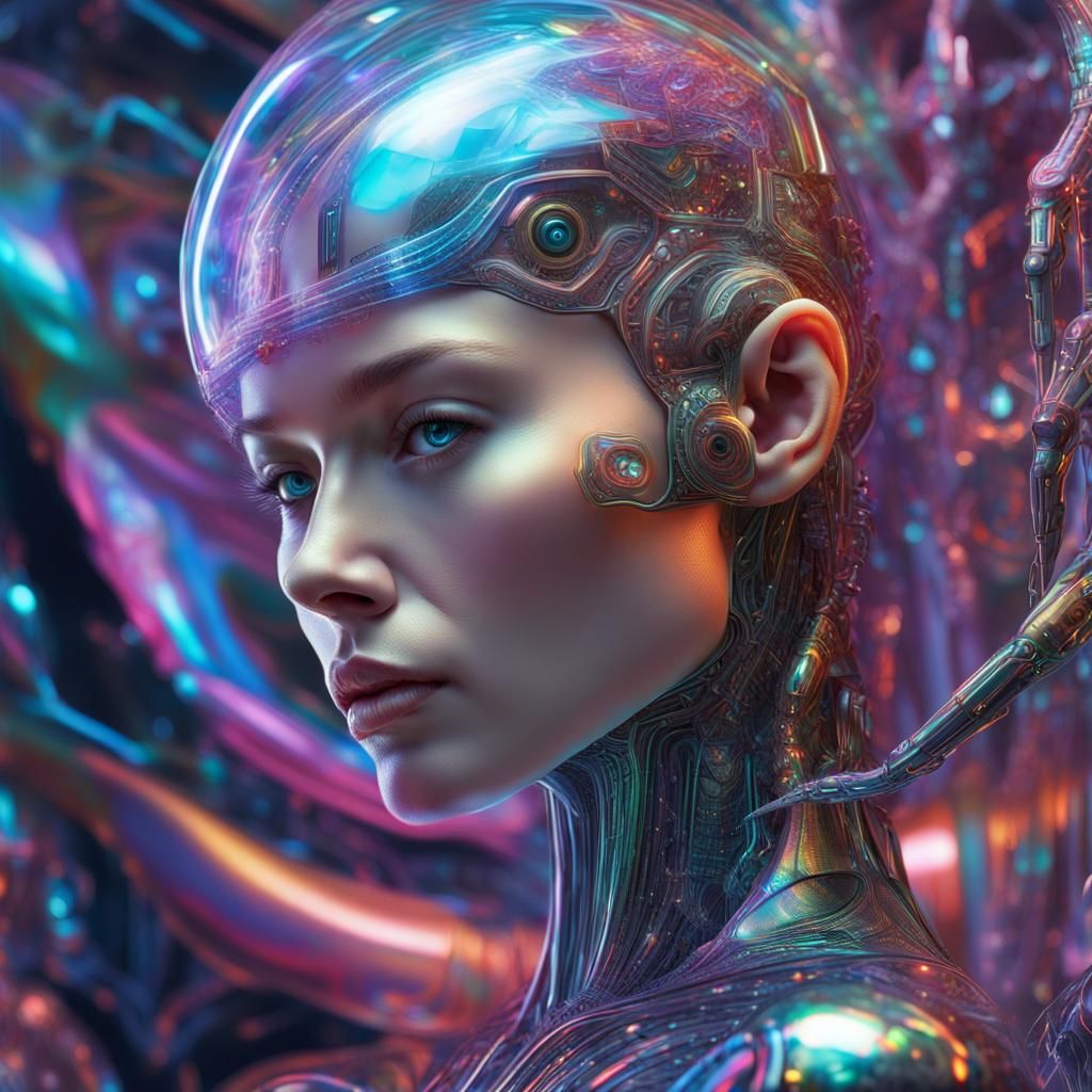 envision a psychedelic organic cyborg encapsulated in hologr...