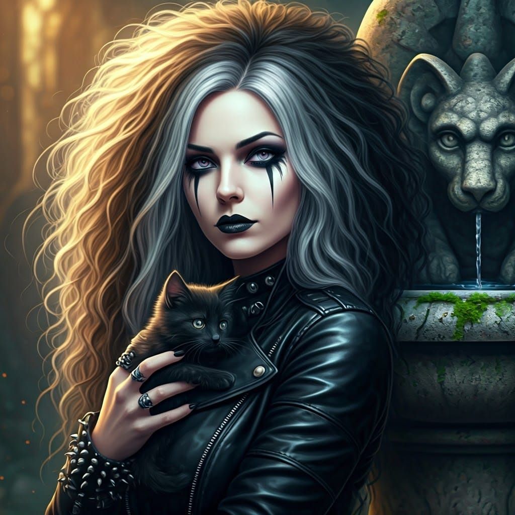 Gothic Goddess Cradling Kitten, in Hyperrealistic Style