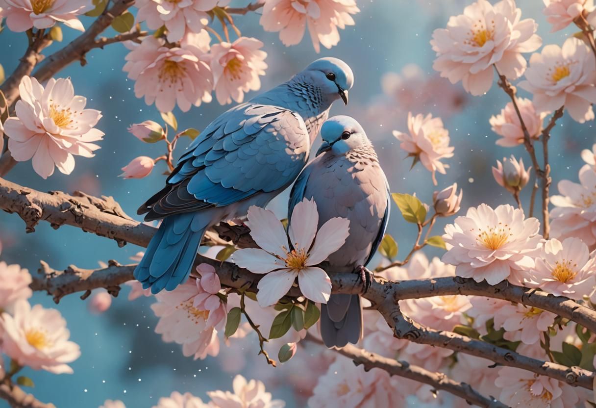 Dreamy 3D Anime Doves in Blooming Garden