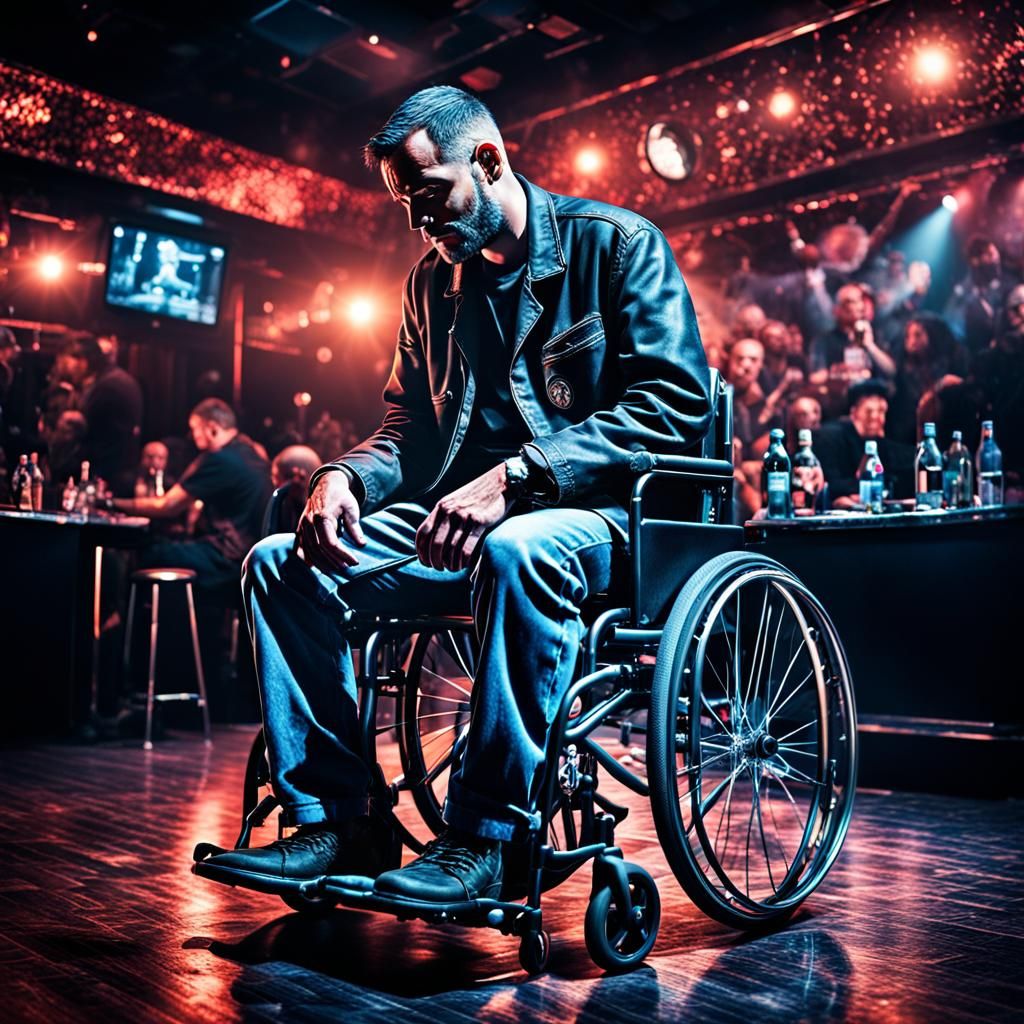 Hyperrealistic Wheelchair User in Nightclub Scene