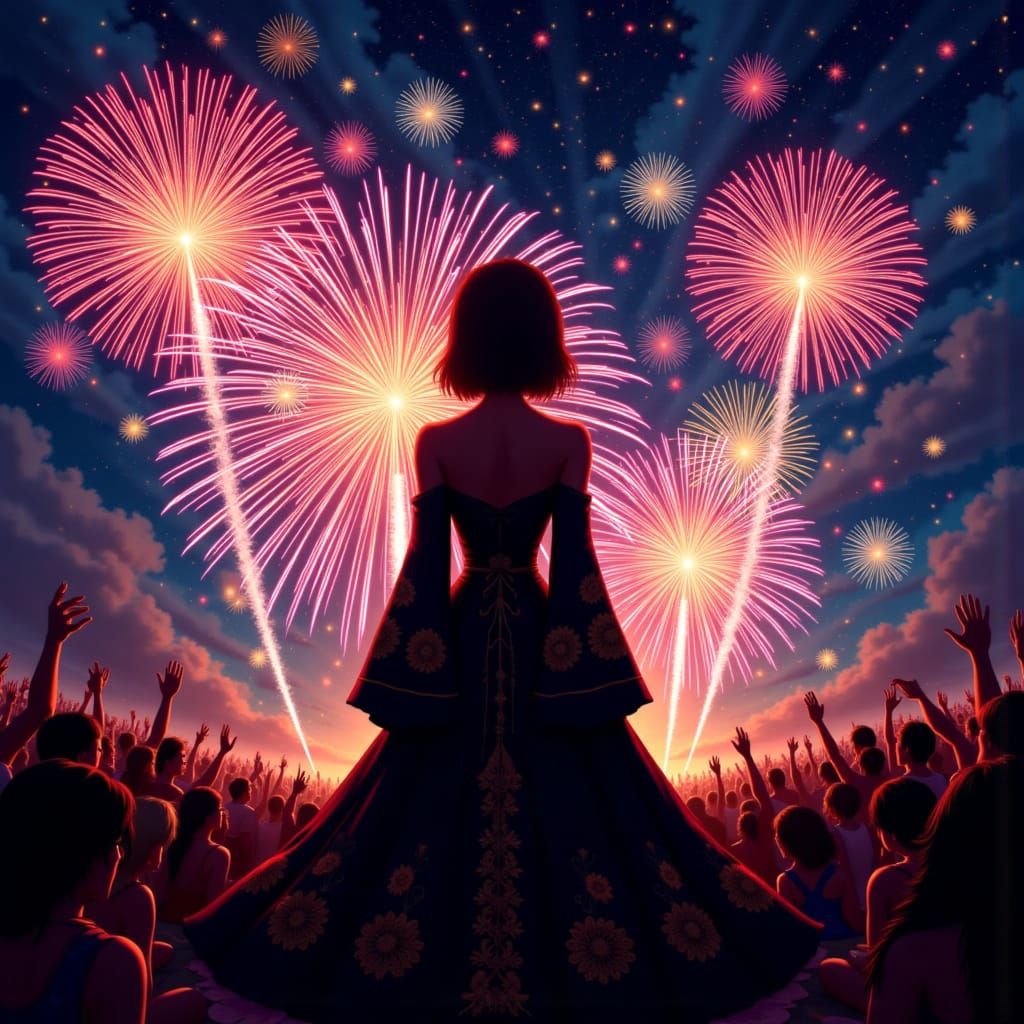 Enchanting Beauty and Dazzling Fireworks Dance Under Moonlit...