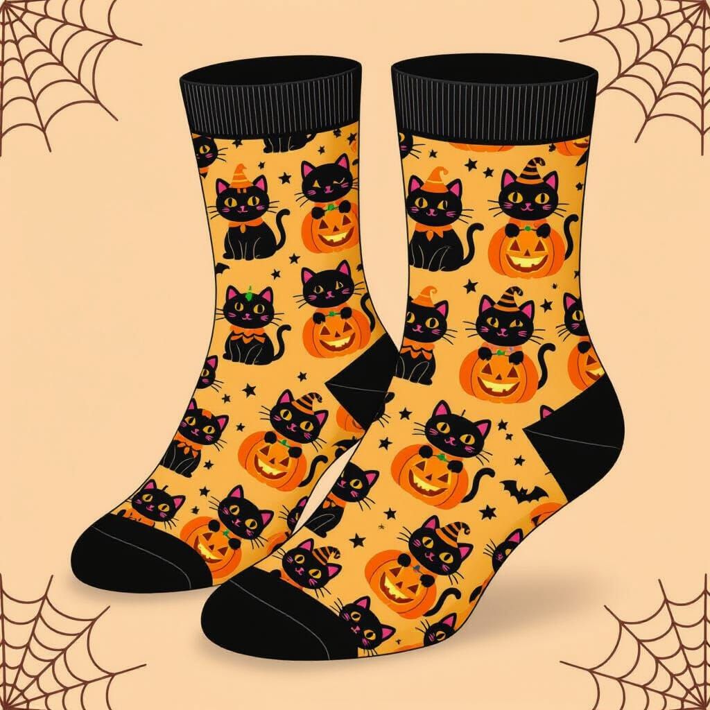 Halloween Cats on Socks in Cartoon Style