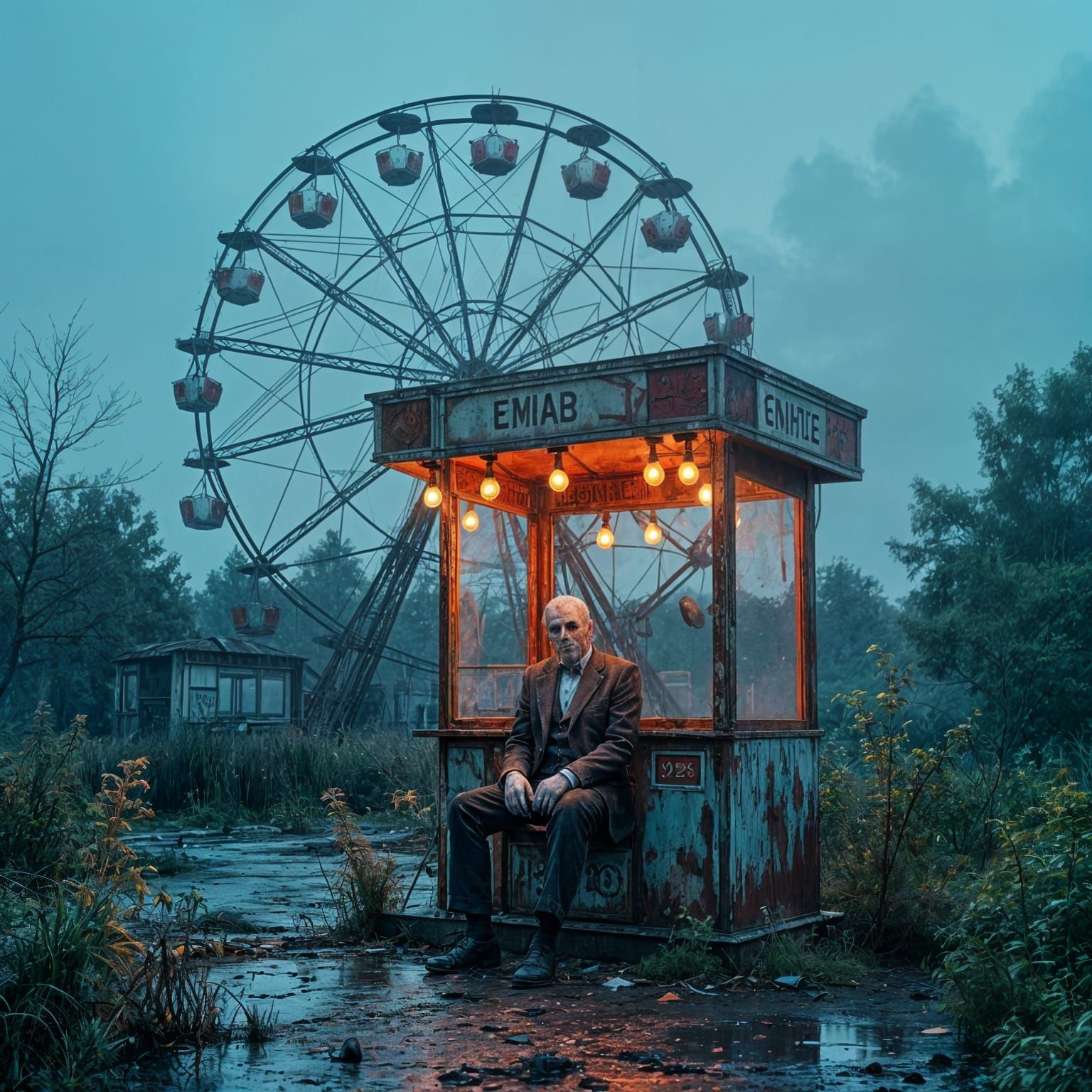 Overgrown Abandoned Carnival with Ghostly Figure